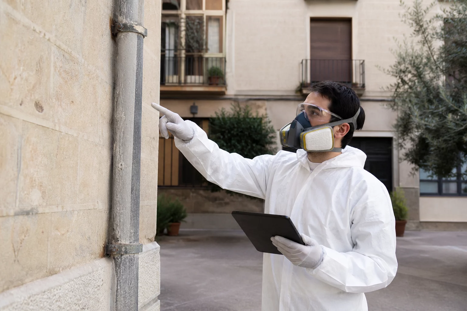 Técnico evaluando una bajante de fibrocemento en un edificio residencial