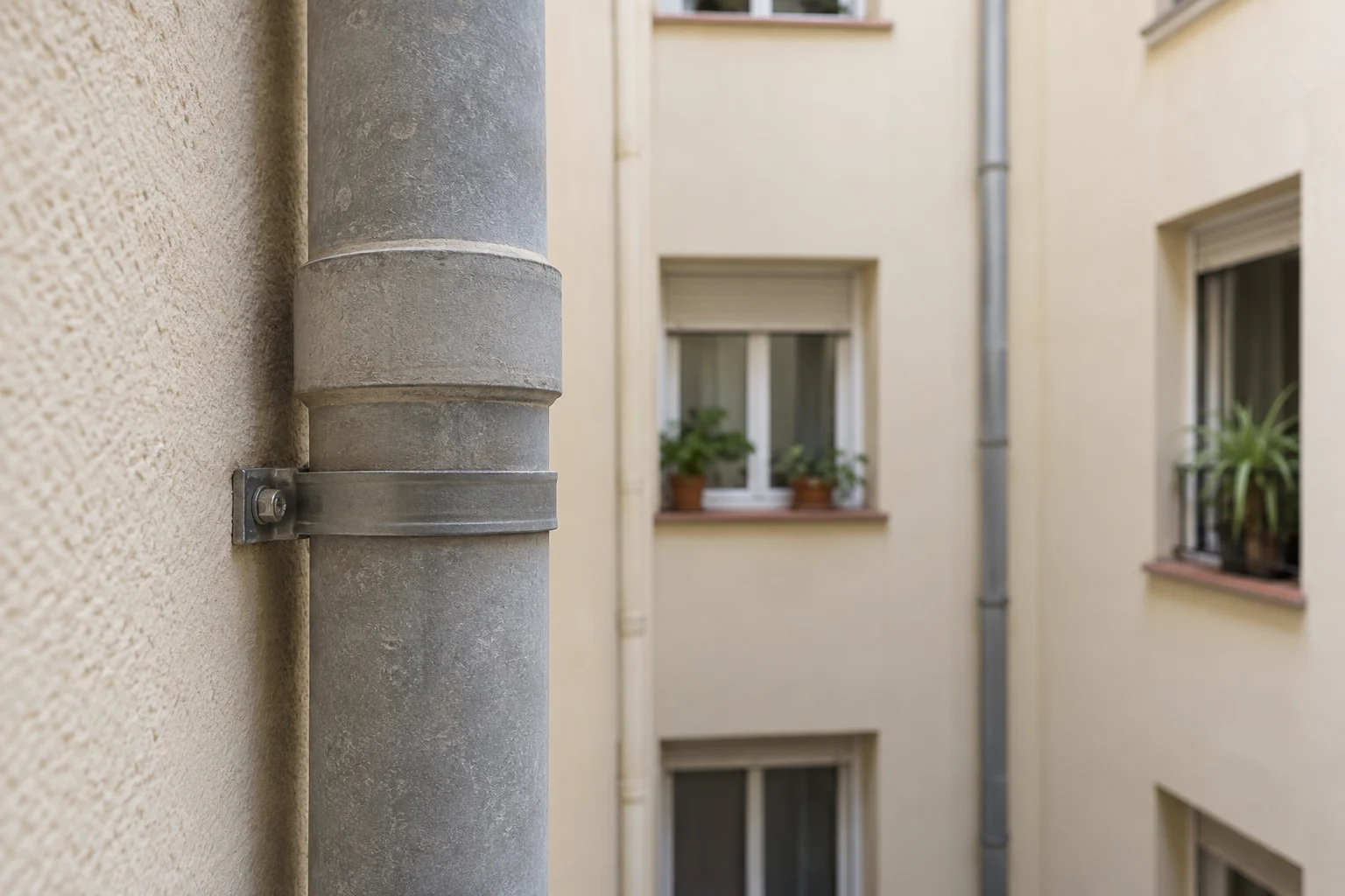 Detalle de una bajante antigua de fibrocemento en un edificio residencial